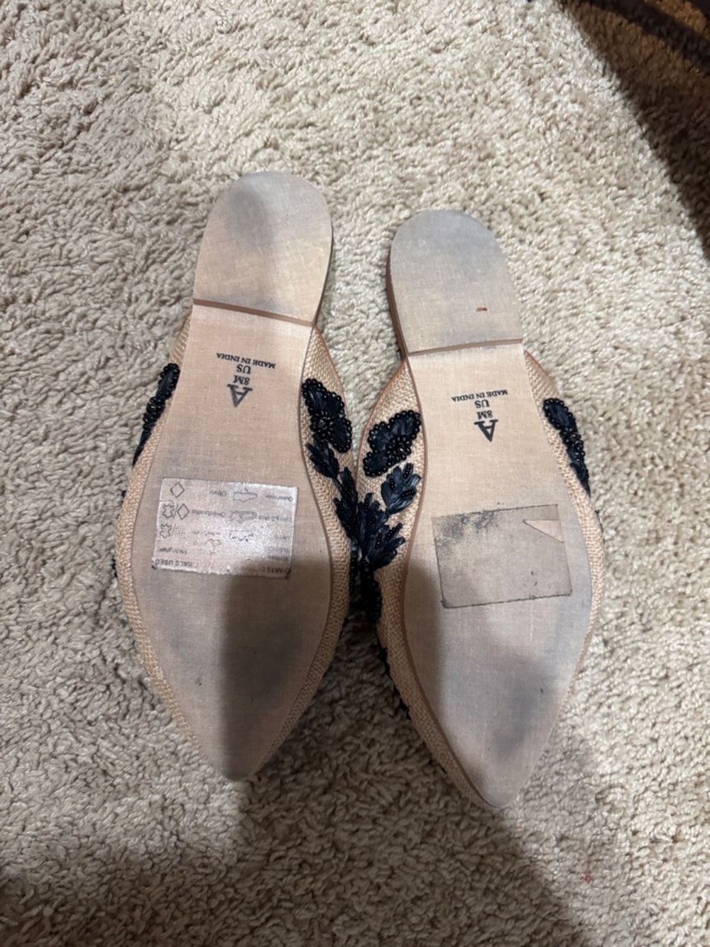Anthropologie Therese Beige Mules with Black Beaded Floral Appliqué - Picture 3 of 3
